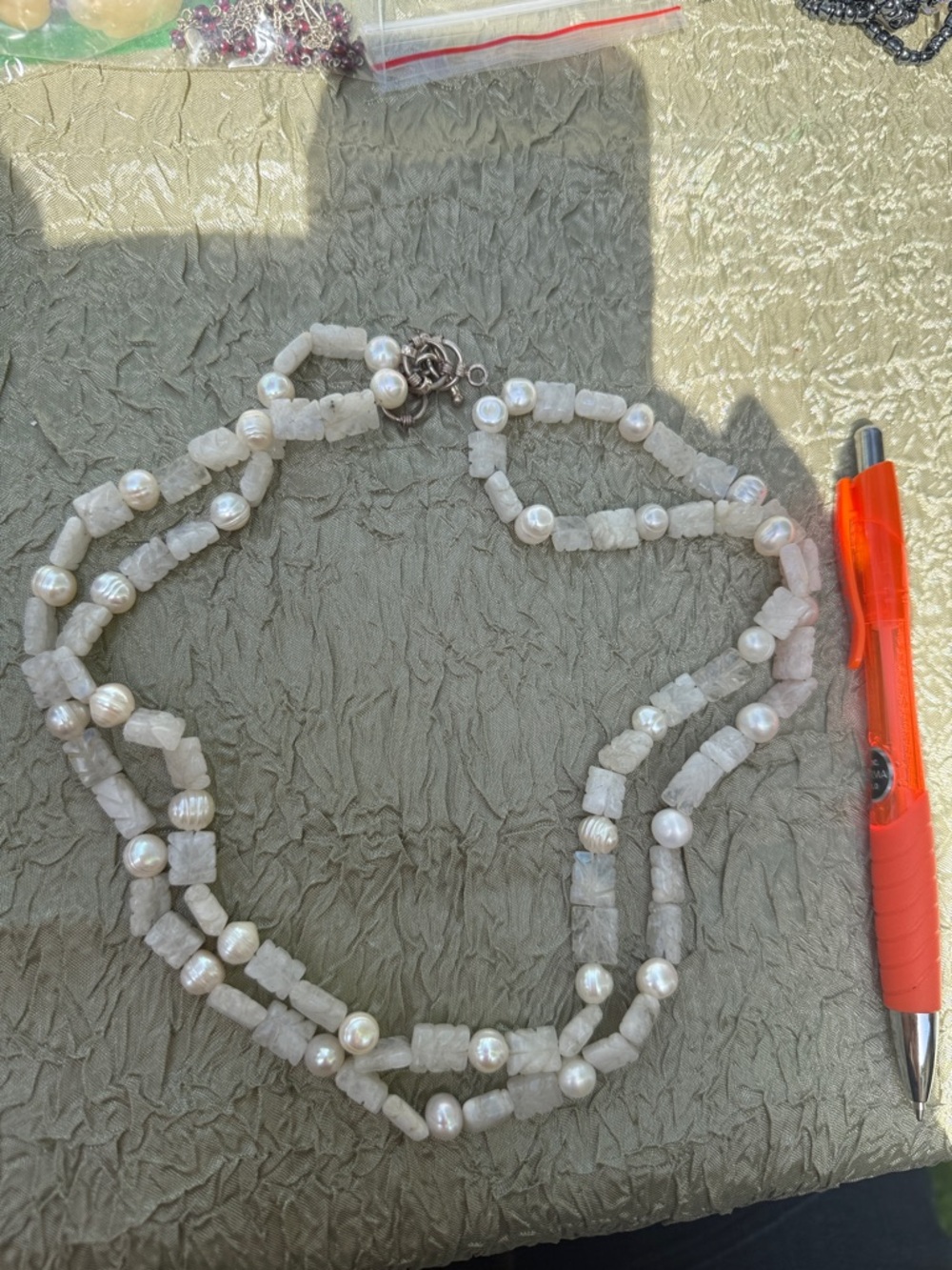 Handcrafted White Pearl and Moonstone Beaded Necklace w silver clasp